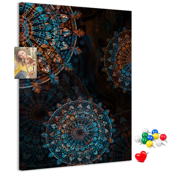 Cork notice board Intricate mandala patterns on a dark background
