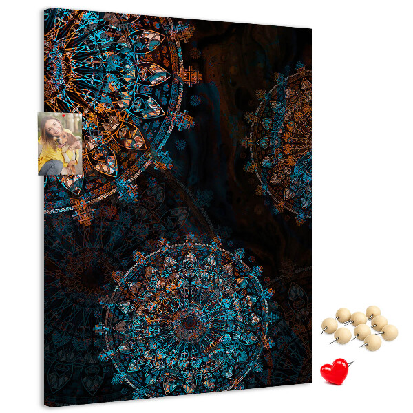 Cork notice board Intricate mandala patterns on a dark background