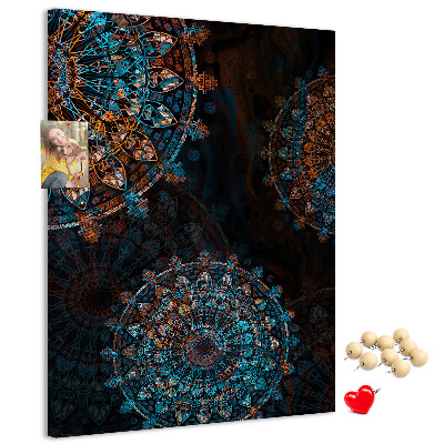 Cork notice board Intricate mandala patterns on a dark background