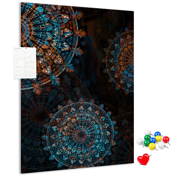 Cork notice board Intricate mandala patterns on a dark background