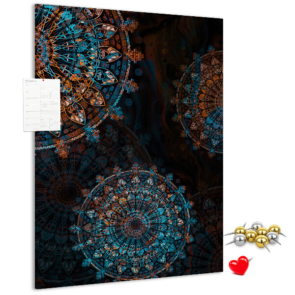 Cork notice board Intricate mandala patterns on a dark background