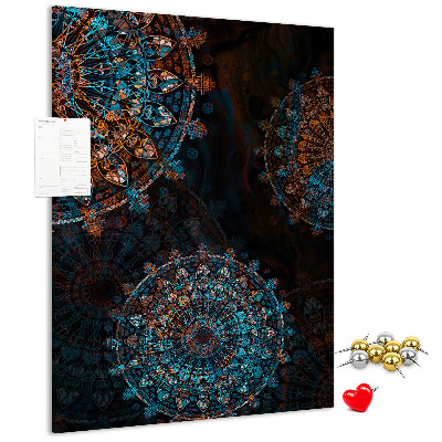 Cork notice board Intricate mandala patterns on a dark background