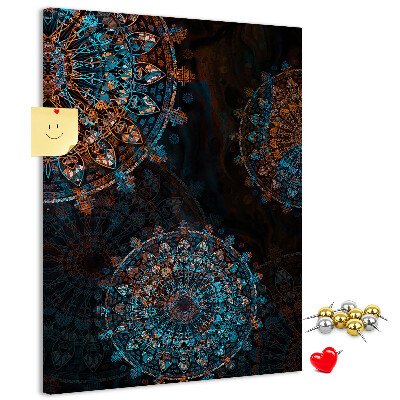 Cork notice board Intricate mandala patterns on a dark background