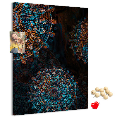 Cork notice board Intricate mandala patterns on a dark background