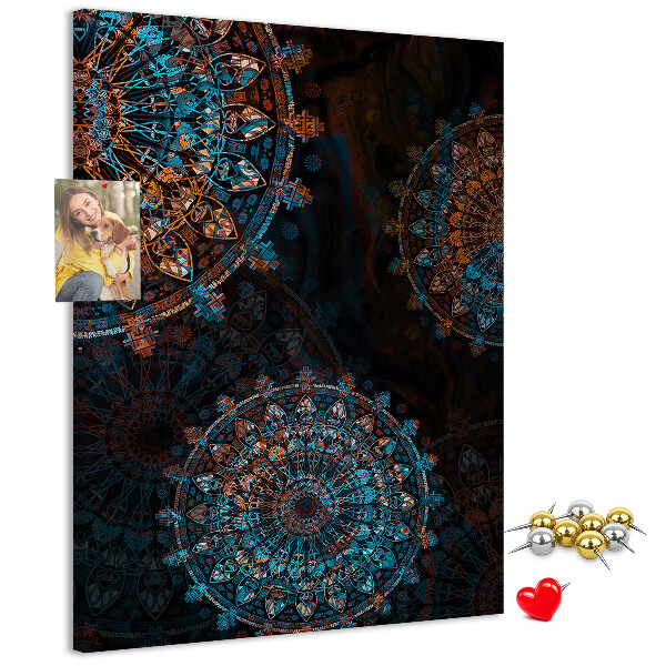 Cork notice board Intricate mandala patterns on a dark background