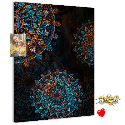 Cork notice board Intricate mandala patterns on a dark background