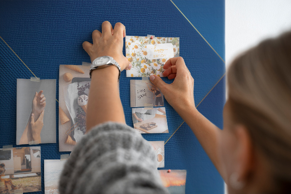Cork notice board in a modern blue design