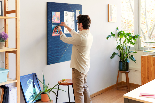 Cork notice board in a modern blue design