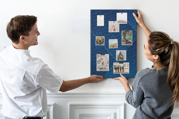 Cork notice board in a modern blue design