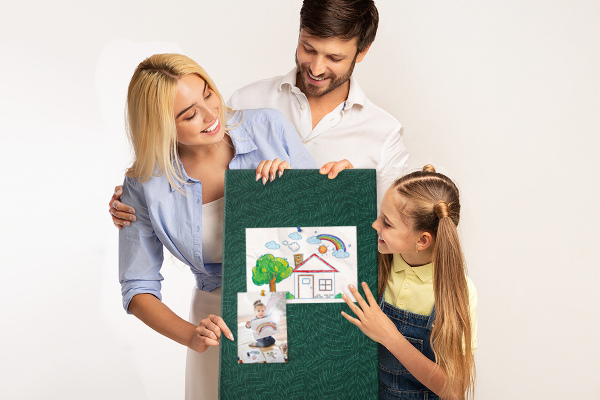 Cork notice board Background with leaves on a dark green background