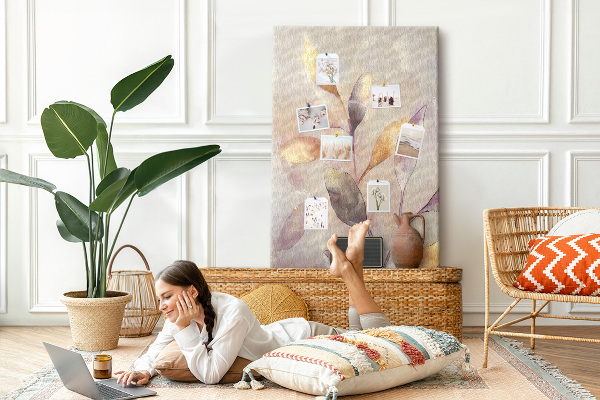 Wall cork memo board Delicate leaves in pastel shades