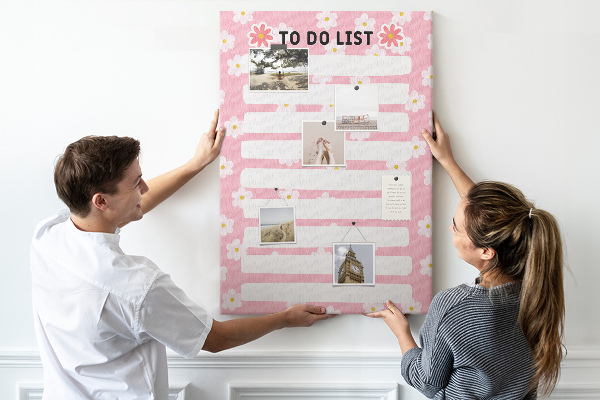 Cork notice board Floral pattern on a pink background