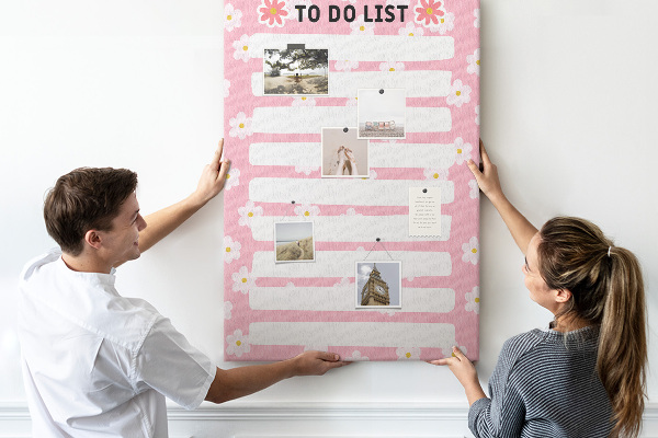 Cork notice board Floral pattern on a pink background