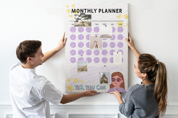 Pin board Monthly planner with colored dots