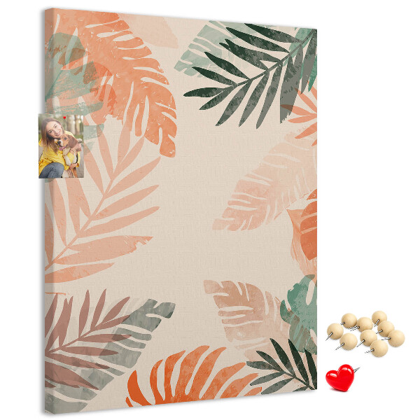 Cork notice board Tropical leaves in delicate colors