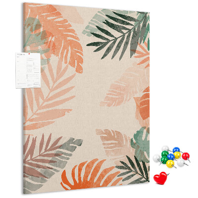 Cork notice board Tropical leaves in delicate colors