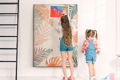Cork notice board Tropical leaves in delicate colors