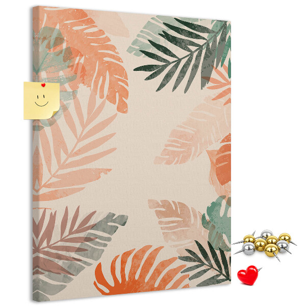 Cork notice board Tropical leaves in delicate colors