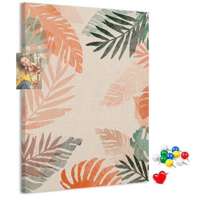 Cork notice board Tropical leaves in delicate colors
