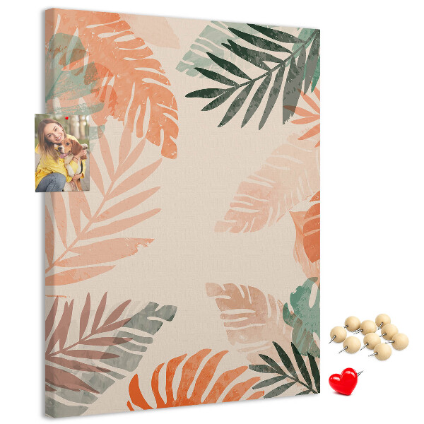 Cork notice board Tropical leaves in delicate colors