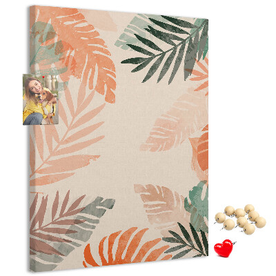 Cork notice board Tropical leaves in delicate colors