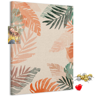 Cork notice board Tropical leaves in delicate colors