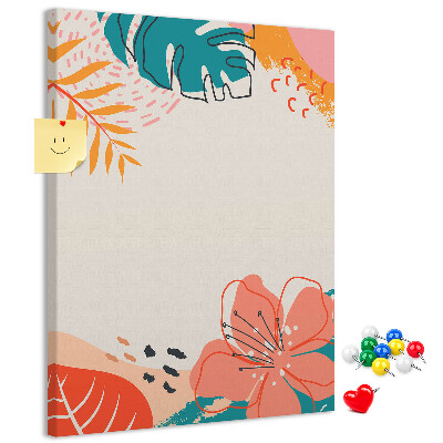 Cork notice board Tropical leaves and flowers in pastels