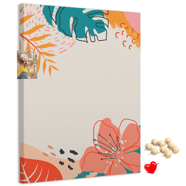 Cork notice board Tropical leaves and flowers in pastels