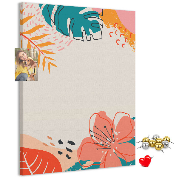 Cork notice board Tropical leaves and flowers in pastels