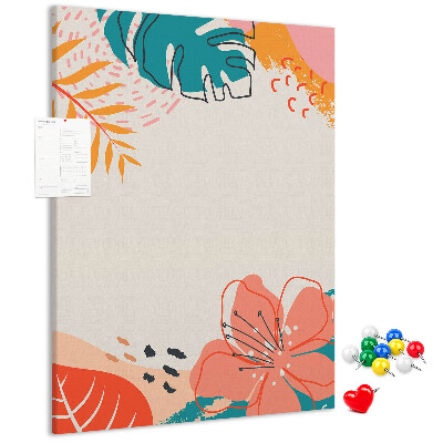 Cork notice board Tropical leaves and flowers in pastels