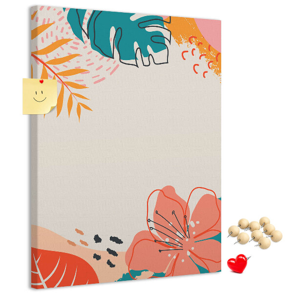 Cork notice board Tropical leaves and flowers in pastels