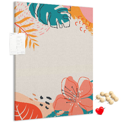 Cork notice board Tropical leaves and flowers in pastels