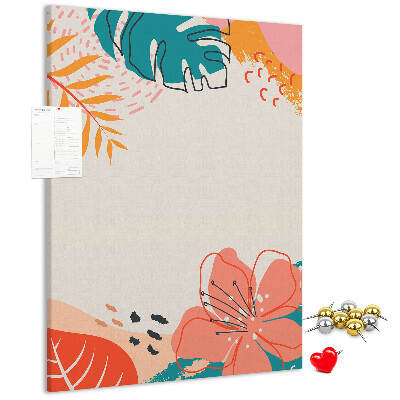 Cork notice board Tropical leaves and flowers in pastels