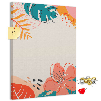Cork notice board Tropical leaves and flowers in pastels