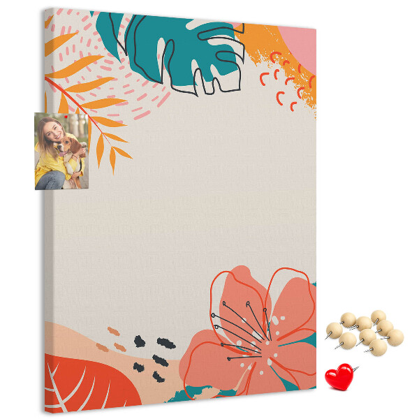 Cork notice board Tropical leaves and flowers in pastels