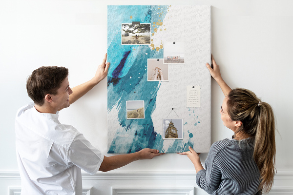Memo cork board Abstract blues with gold accents