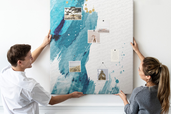 Memo cork board Abstract blues with gold accents