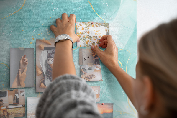 Cork notice board Delicate blue waves with gold accents