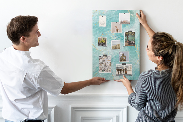 Cork notice board Delicate blue waves with gold accents
