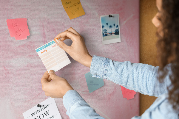 Wall cork memo board Delicate pink feathers on the background