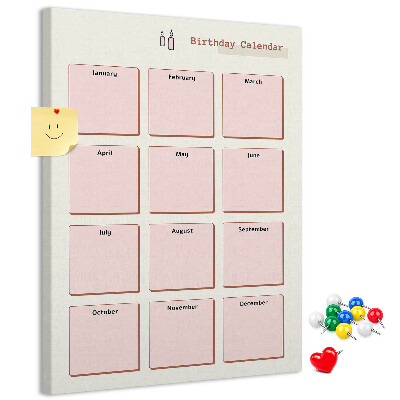 Cork notice board Birthday calendar with space for notes