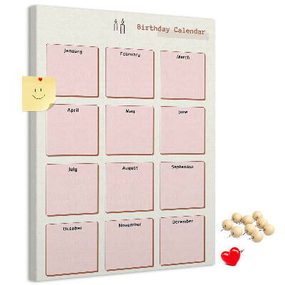 Cork notice board Birthday calendar with space for notes