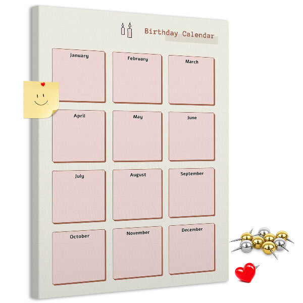 Cork notice board Birthday calendar with space for notes