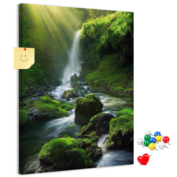 Cork notice board Green valley with a waterfall and a stream