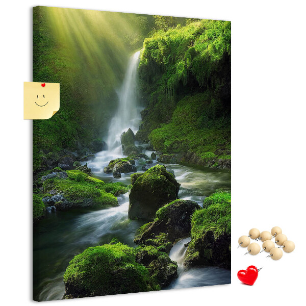 Cork notice board Green valley with a waterfall and a stream