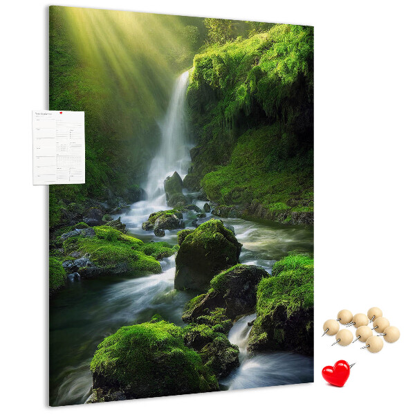 Cork notice board Green valley with a waterfall and a stream