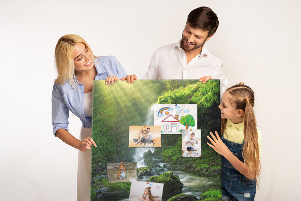 Cork notice board Green valley with a waterfall and a stream