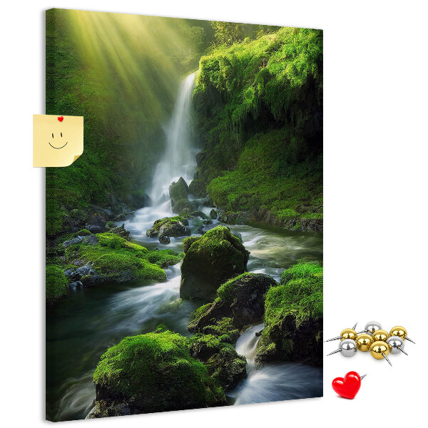Cork notice board Green valley with a waterfall and a stream