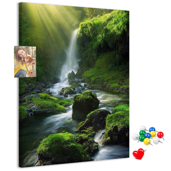 Cork notice board Green valley with a waterfall and a stream