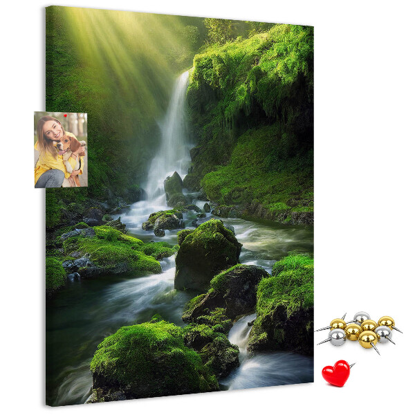 Cork notice board Green valley with a waterfall and a stream